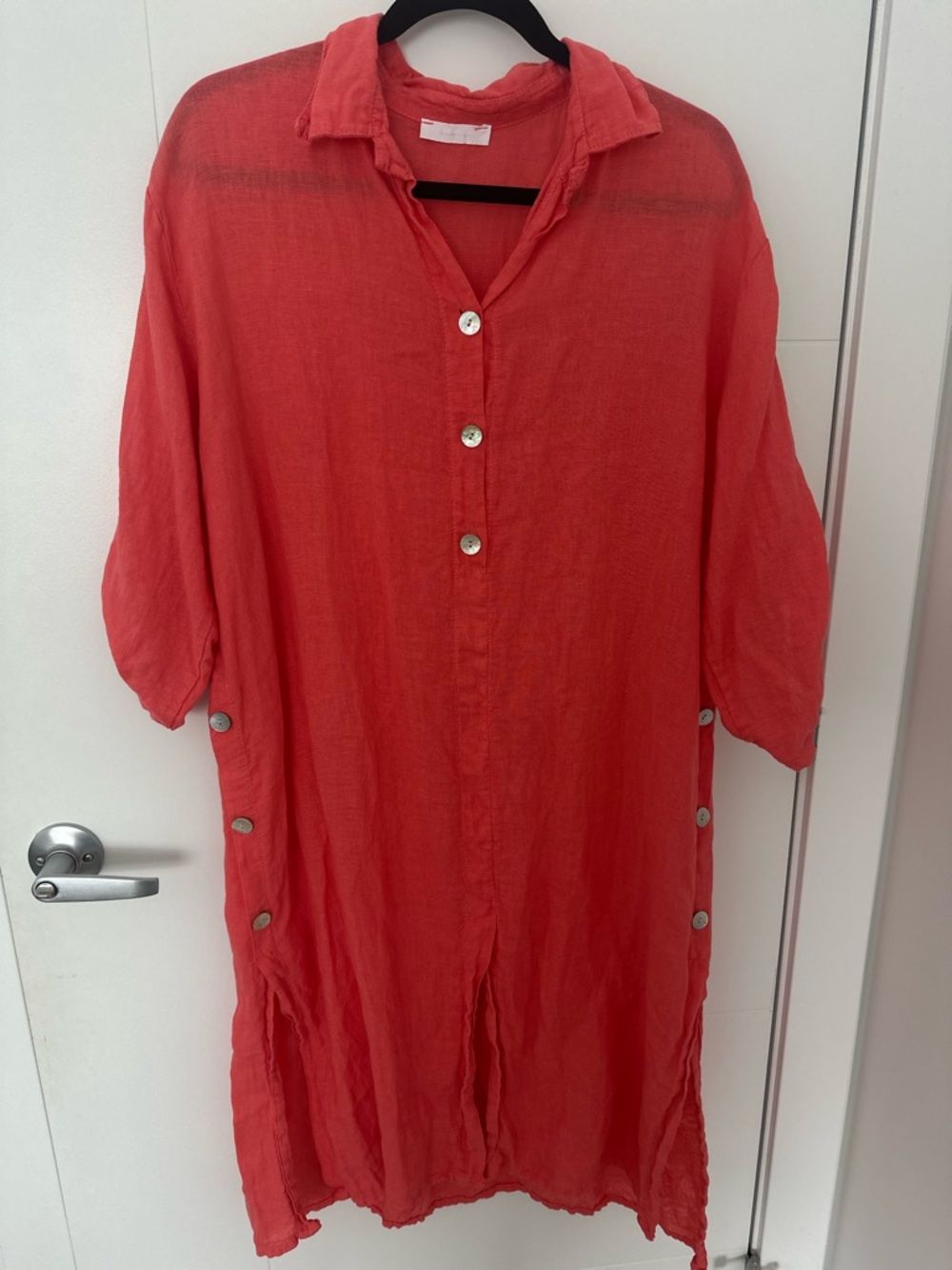 Italian Linen Tunic Dress Coral Red Button Front